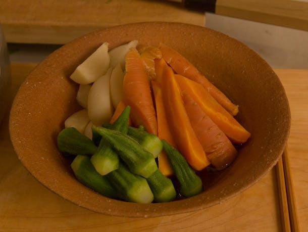 Turnips, Carrots and Okra Simmered in Dashi