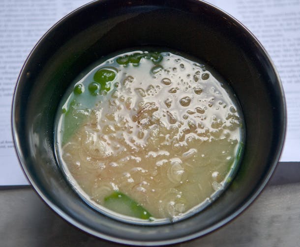 Konbu Dashi Miso Soup with Snow Peas