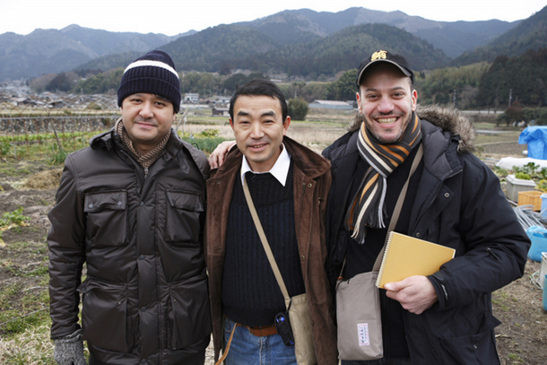 Me and Chef Tadashi Ono with the revered Chef Hisao Nakahigashi of Kyoto (center), in a field in Ohara, Japan